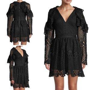 70F/21C Solid Black Thick Crochet Lace Long Sleeve V-neck Mini Dress Women’s XS